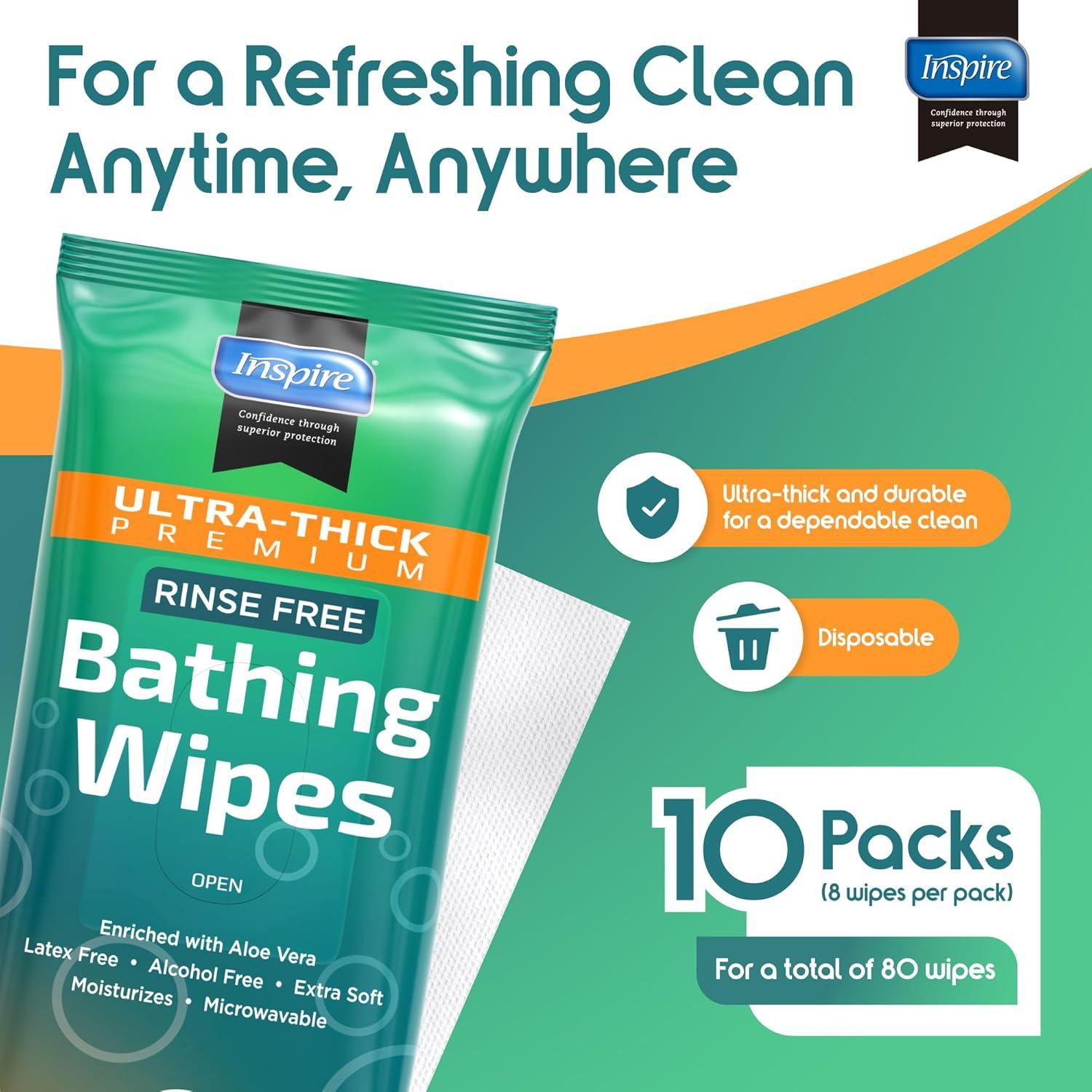 image:imageBody Wipes for adults bathing no rinse Adult Wash Cloths Extra Large Bathing Wipes for Incontinence 8x 8 In 48 count By InspireUltra Thick 10 Packs Of 8