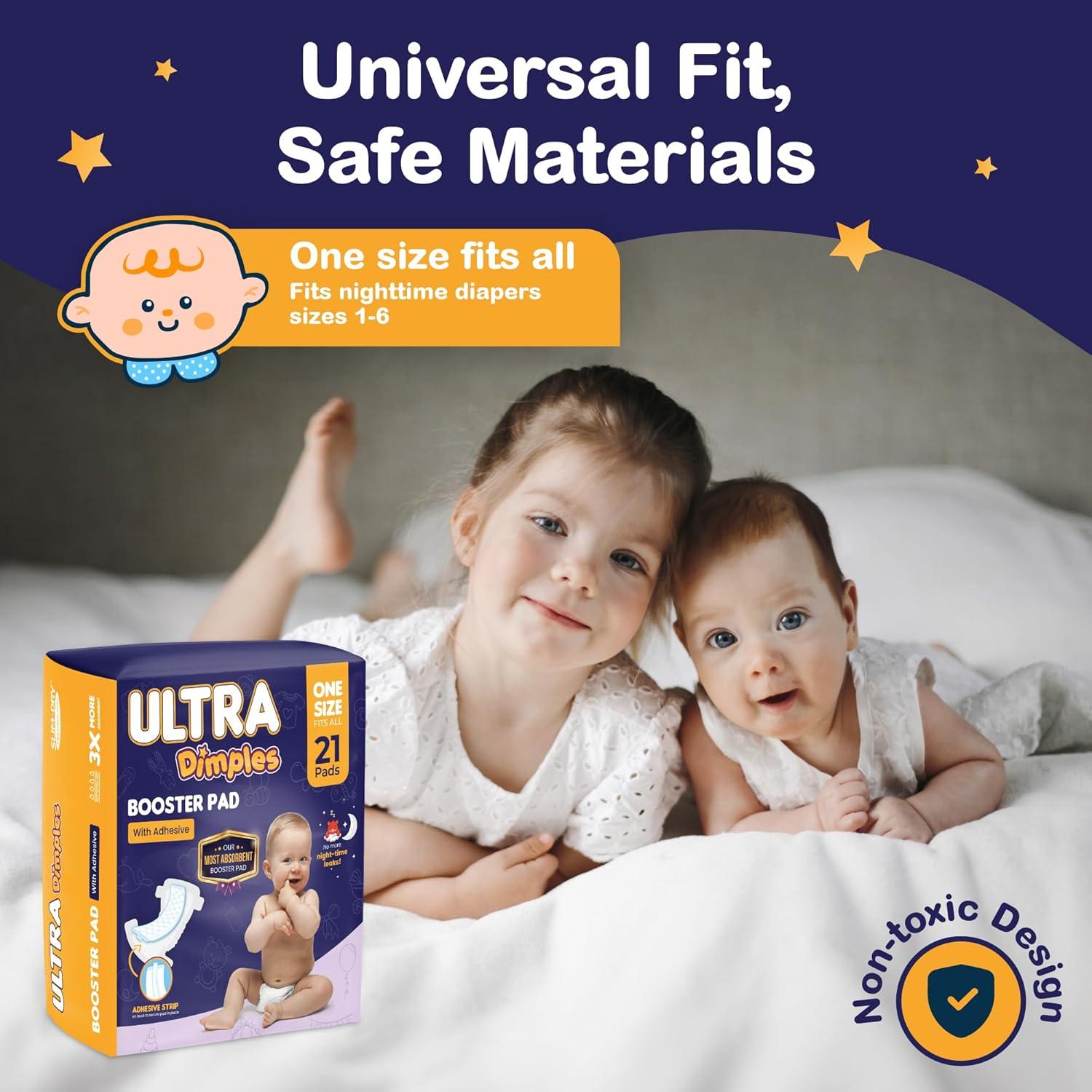 image:imageDimples Booster Pads Baby Diaper Doubler Inserts with Adhesive 1 Size Fits All Diapers Boosts Absorbency No More leaks for Overnight Travel Nighttime or Anytime 21 Count