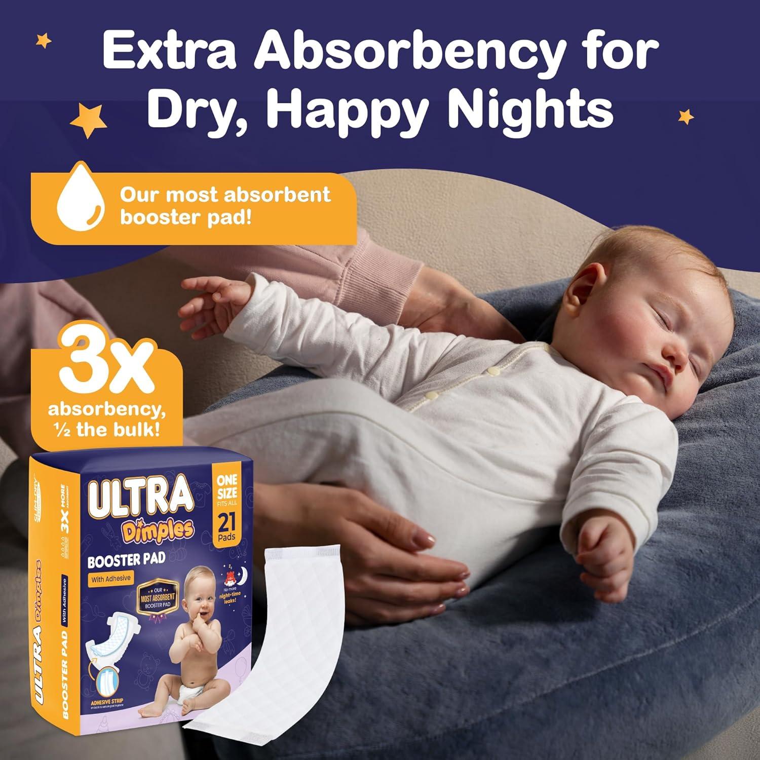 image:imageDimples Booster Pads Baby Diaper Doubler Inserts with Adhesive 1 Size Fits All Diapers Boosts Absorbency No More leaks for Overnight Travel Nighttime or Anytime 21 Count