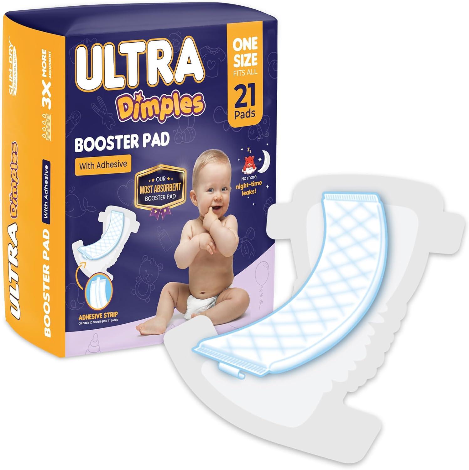 image:imageDimples Booster Pads Baby Diaper Doubler Inserts with Adhesive 1 Size Fits All Diapers Boosts Absorbency No More leaks for Overnight Travel Nighttime or Anytime 21 Count