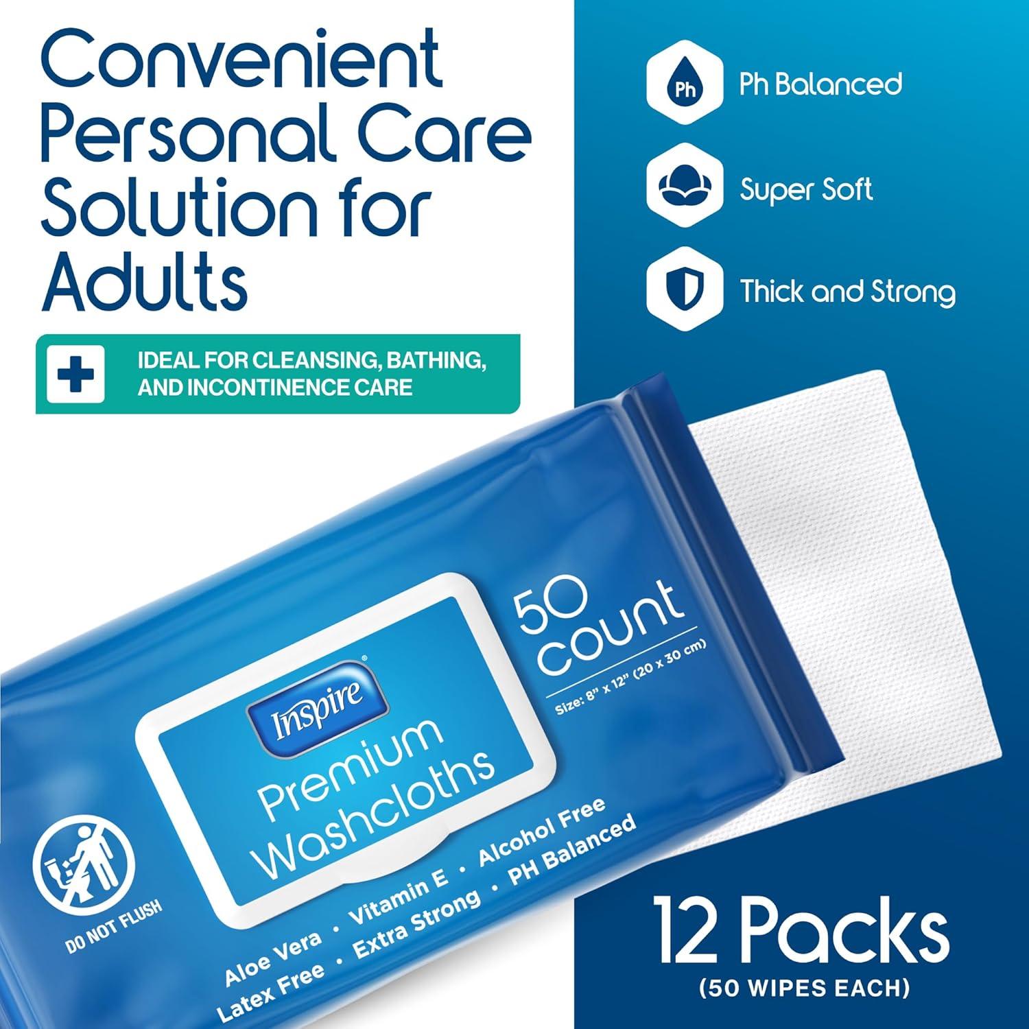 image:imageInspire Adult Wet Wipes Wash Cloths Adult Wipes for Incontinence amp Cleansing for Elderly 8x12 200 count50 Count Pack of 12