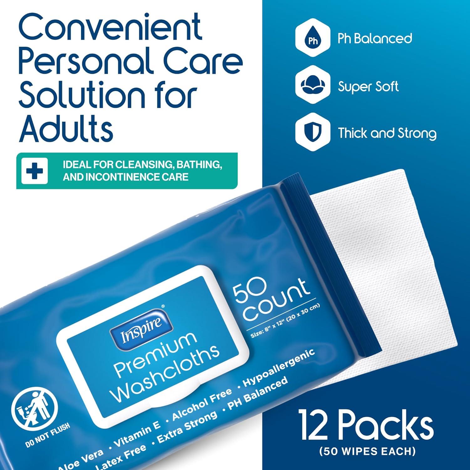 image:imageInspire Adult Wet Wipes Wash Cloths Adult Wipes for Incontinence amp Cleansing for Elderly 8x12 200 count50 Count Pack of 12