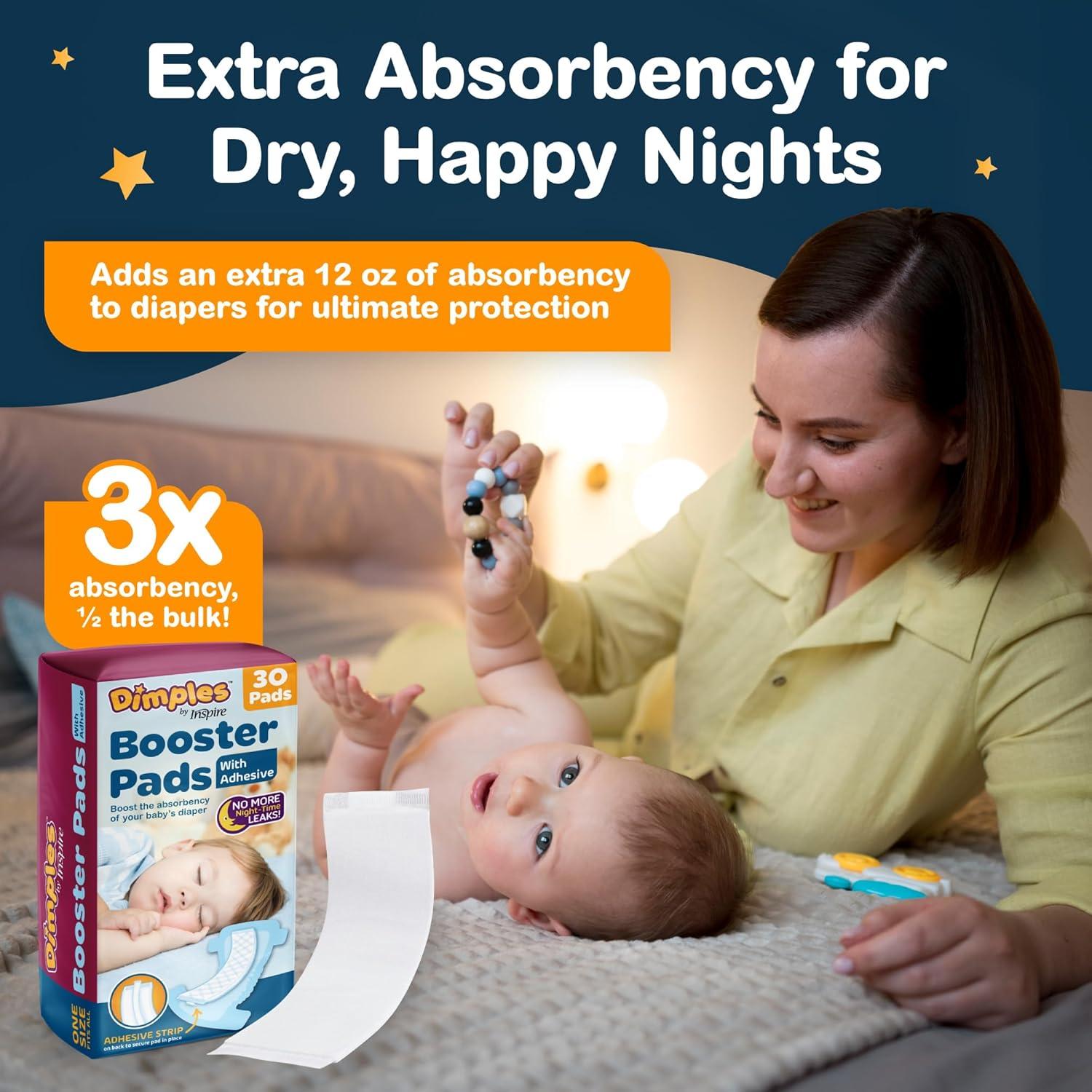 image:imageInspire Dimples Booster Pads Baby Diaper Doubler with Adhesive Boosts Diaper Absorbency No More leaks 30 Count with Adhesive for Secure Fit 30 Count