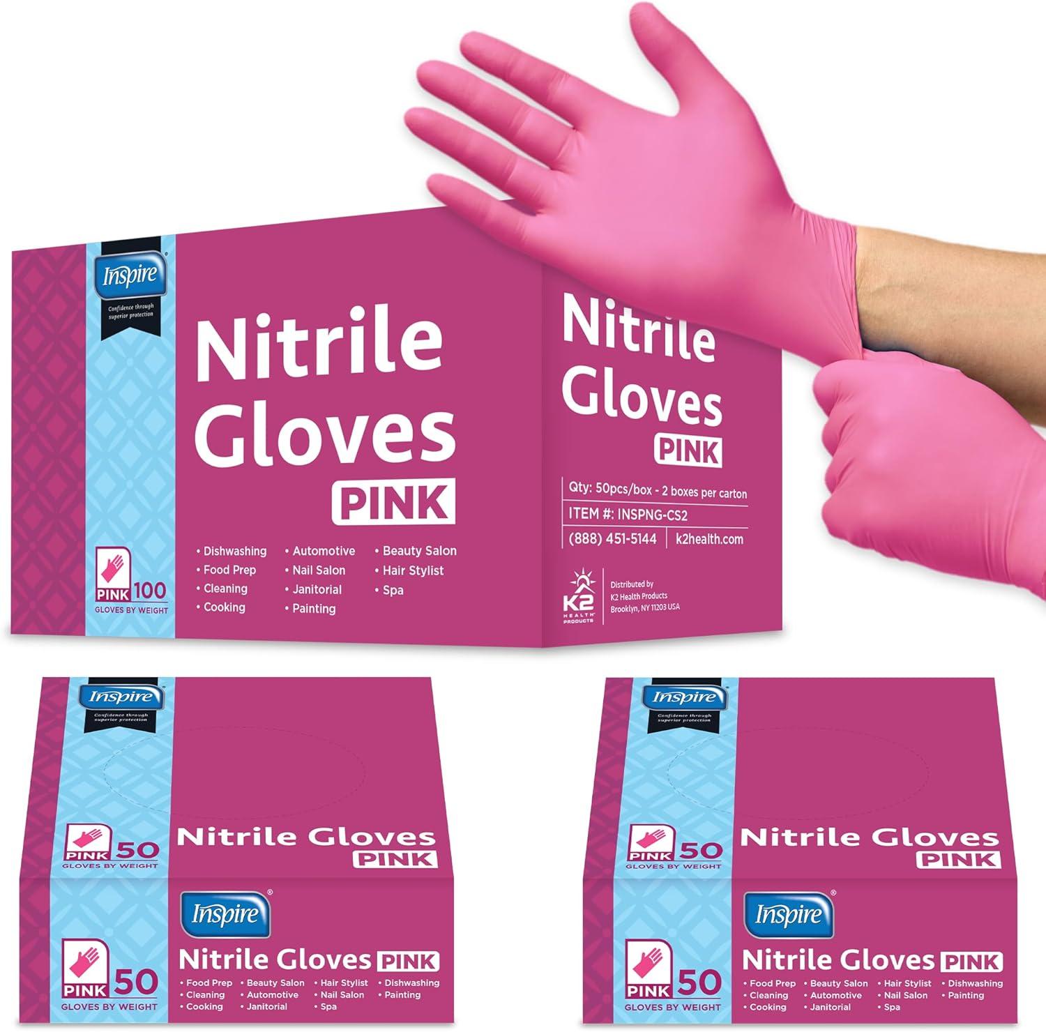image:imageInspire Pink Gloves Disposable Latex Free Nitrile Pink Glove Hair and Nail Salon Esthetician Nitrile Disposable Gloves10 Boxes of 50 1 Case