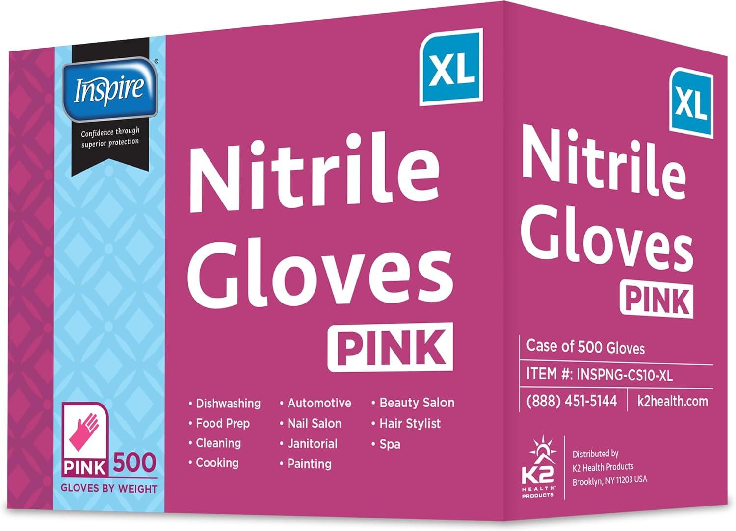 image:imageInspire Pink Gloves Disposable Latex Free Nitrile Pink Glove Hair and Nail Salon Esthetician Nitrile Disposable Gloves10 Boxes of 50 1 Case