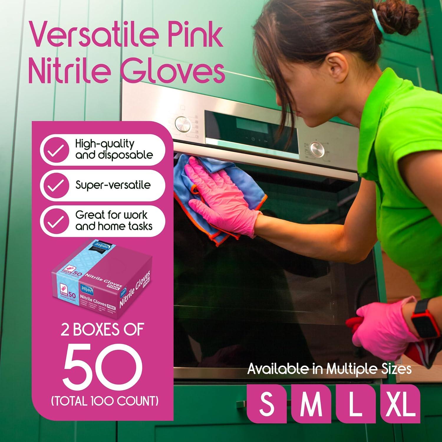 image:imageInspire Pink Gloves Disposable Latex Free Nitrile Pink Glove Hair and Nail Salon Esthetician Nitrile Disposable Gloves2 Boxes of 50