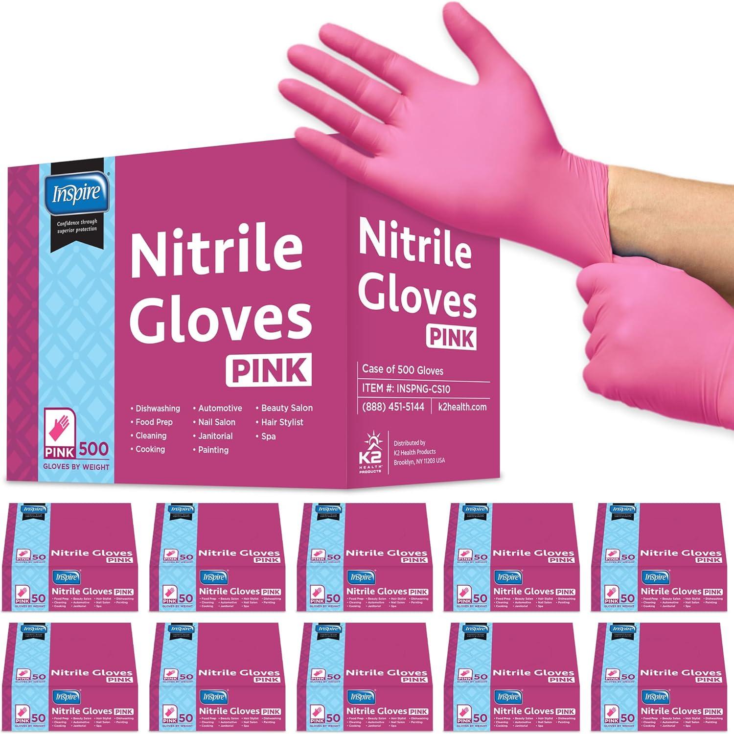 image:imageInspire Pink Gloves Disposable Latex Free Nitrile Pink Glove Hair and Nail Salon Esthetician Nitrile Disposable Gloves2 Boxes of 50