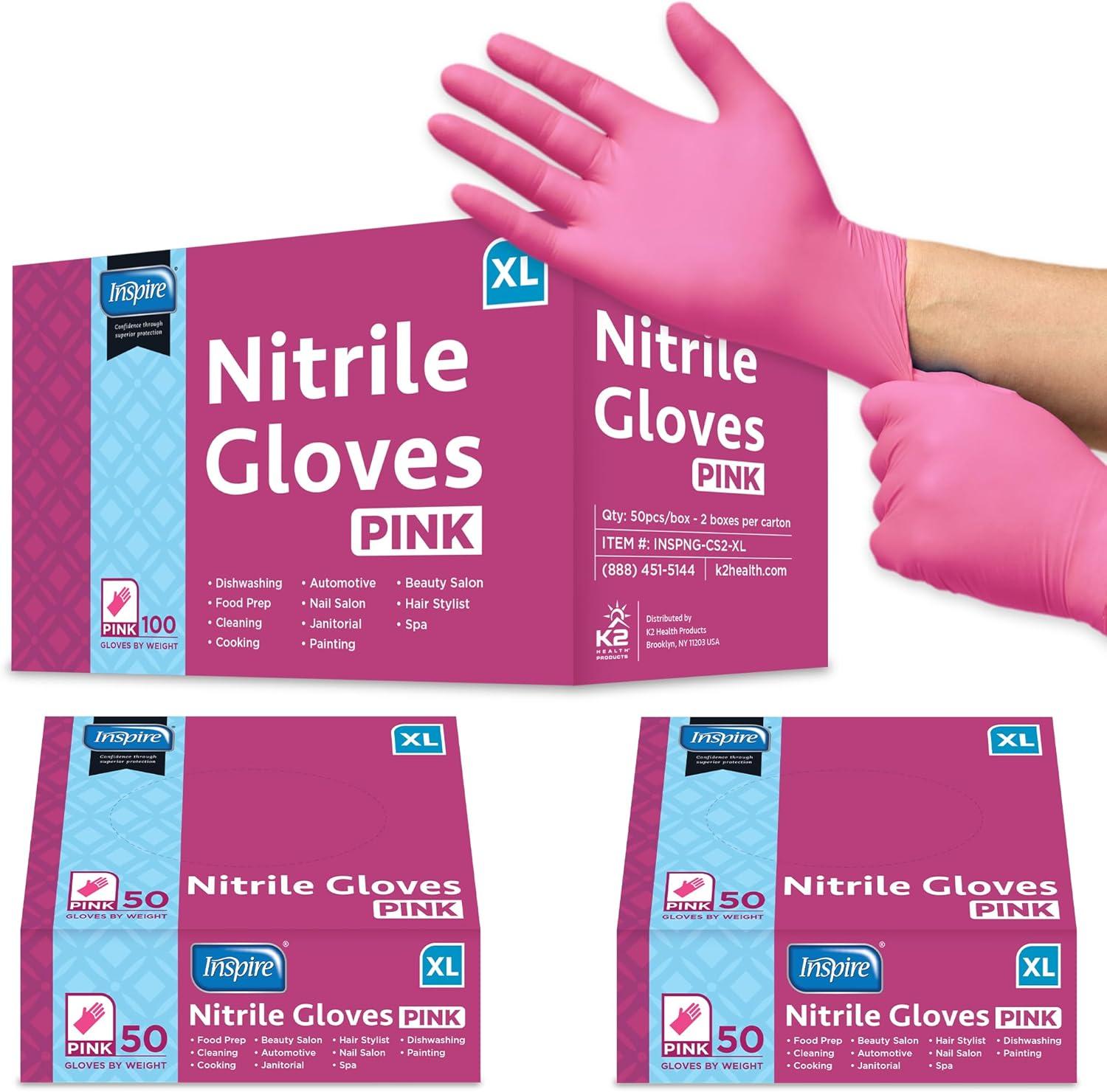 image:imageInspire Pink Gloves Disposable Latex Free Nitrile Pink Glove Hair and Nail Salon Esthetician Nitrile Disposable Gloves2 Boxes of 50
