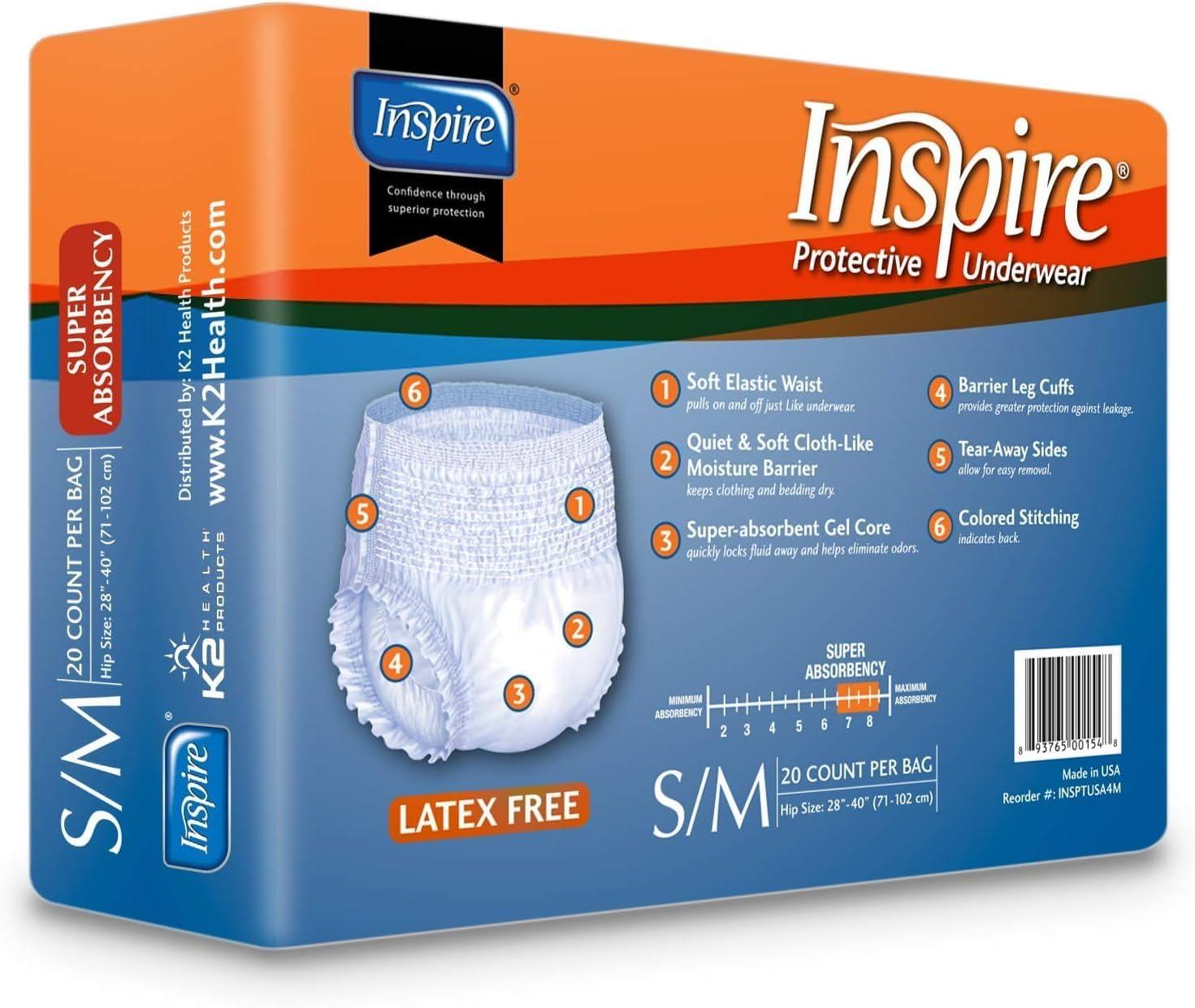 image:imageInspire Protective Underwear for Men and Women Adult Diapers for Bowel Incontinence Disposable Underwear for Women and Men 4 Bags of 18 72 Total LargeSmallMedium