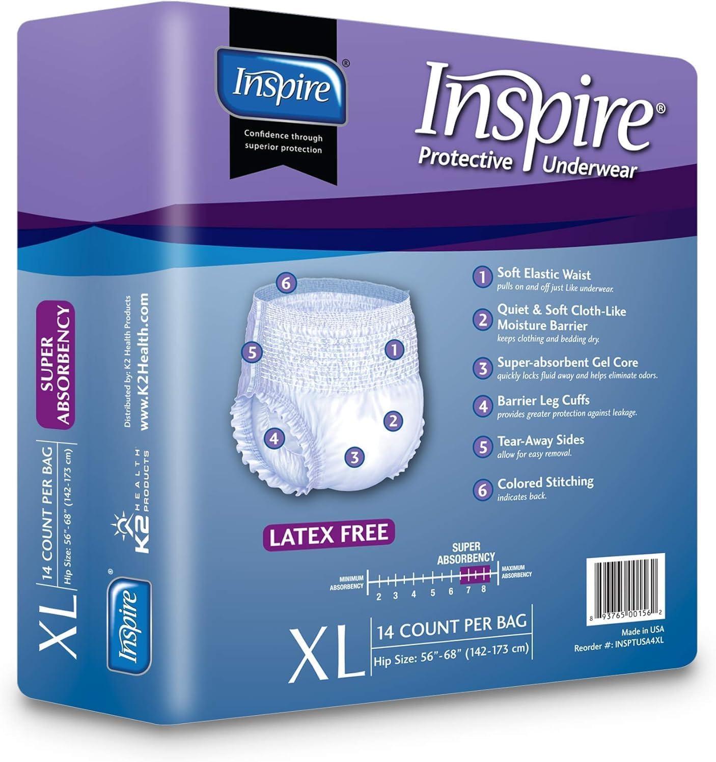 image:imageInspire Protective Underwear for Men and Women Adult Diapers for Bowel Incontinence Disposable Underwear for Women and Men 4 Bags of 18 72 Total LargeExtra Large