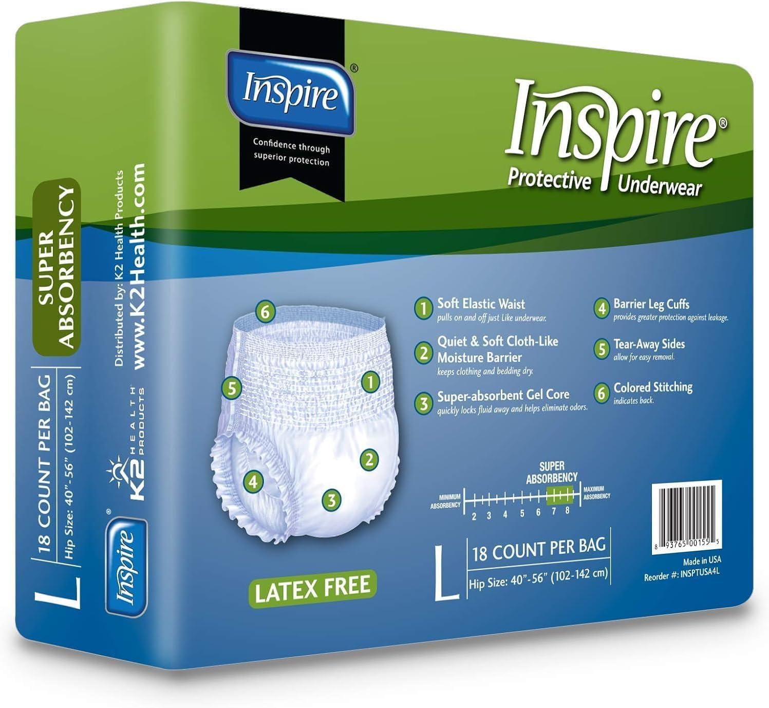 image:imageInspire Protective Underwear for Men and Women Adult Diapers for Bowel Incontinence Disposable Underwear for Women and Men 4 Bags of 18 72 Total LargeLarge