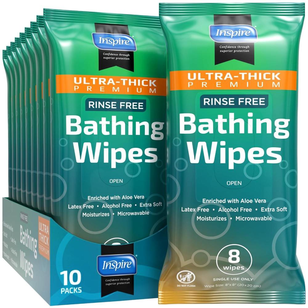 image:imageBody Wipes for adults bathing no rinse  Adult Wash Cloths Extra Large Bathing Wipes for Incontinence 8x 8 In 48 count  By InspireUltra Thick 10 Packs Of 8