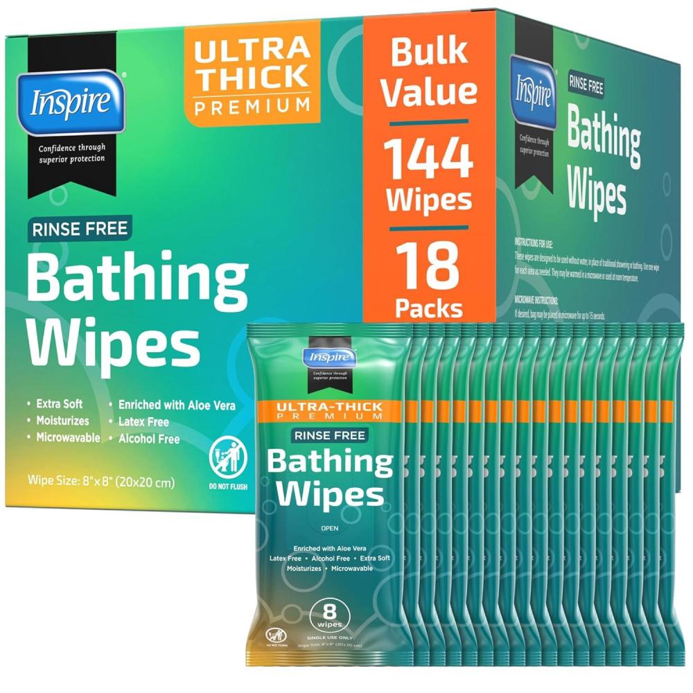 image:imageBody Wipes for adults bathing no rinse Adult Wash Cloths Extra Large Bathing Wipes for Incontinence 8x 8 In 48 count By InspireUltra Thick Value Pack 18 Packs Of 8