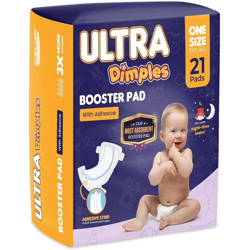 image:imageDimples Booster Pads Baby Diaper Doubler Inserts with Adhesive 1 Size Fits All Diapers Boosts Absorbency No More leaks for Overnight Travel Nighttime or Anytime 21 Count