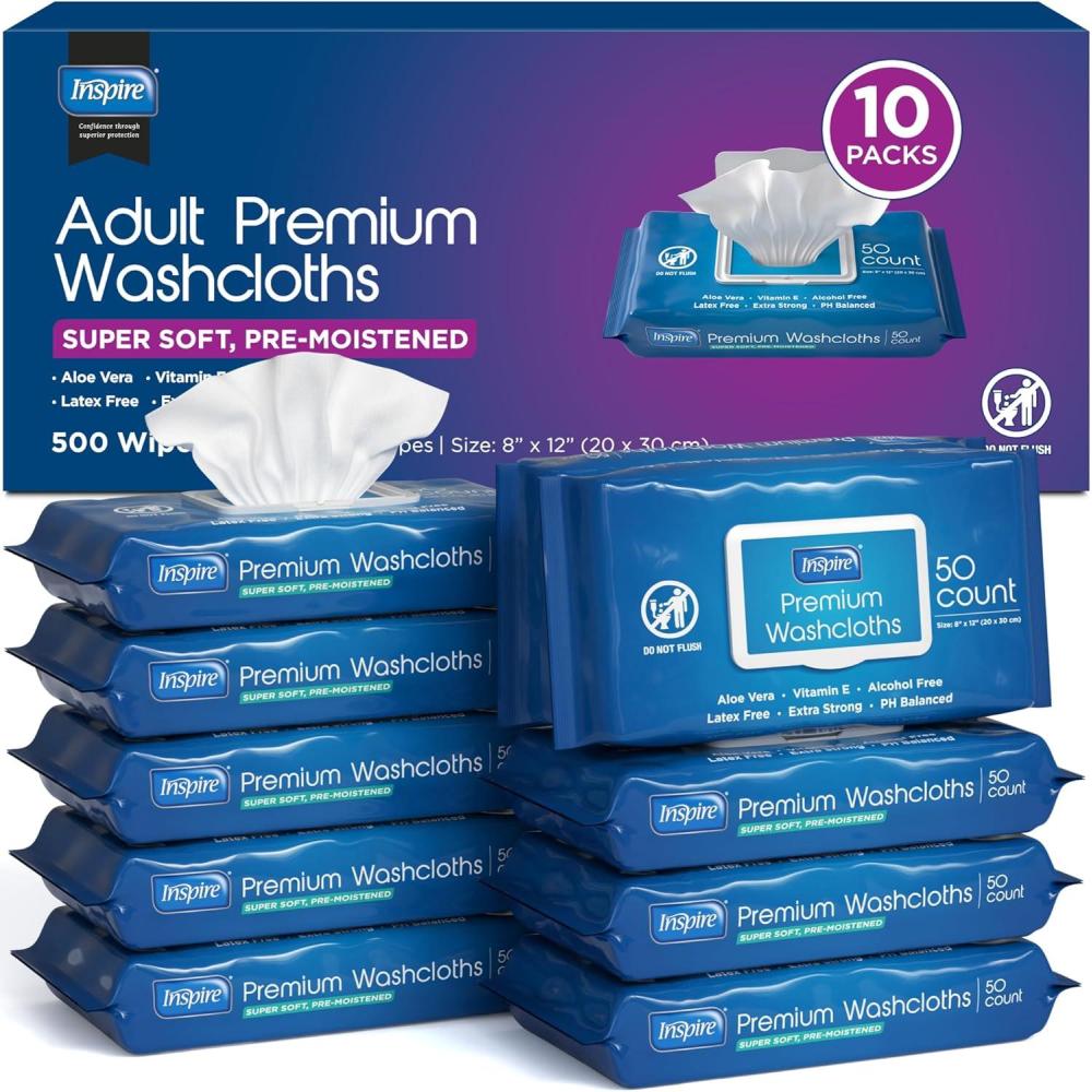 image:imageInspire Adult Wet Wipes Wash Cloths Adult Wipes for Incontinence amp Cleansing for Elderly 8x12 200 count1 Count Pack of 500