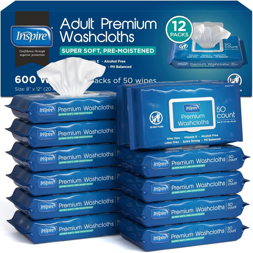 image:imageInspire Adult Wet Wipes Wash Cloths Adult Wipes for Incontinence amp Cleansing for Elderly 8x12 200 count50 Count Pack of 12