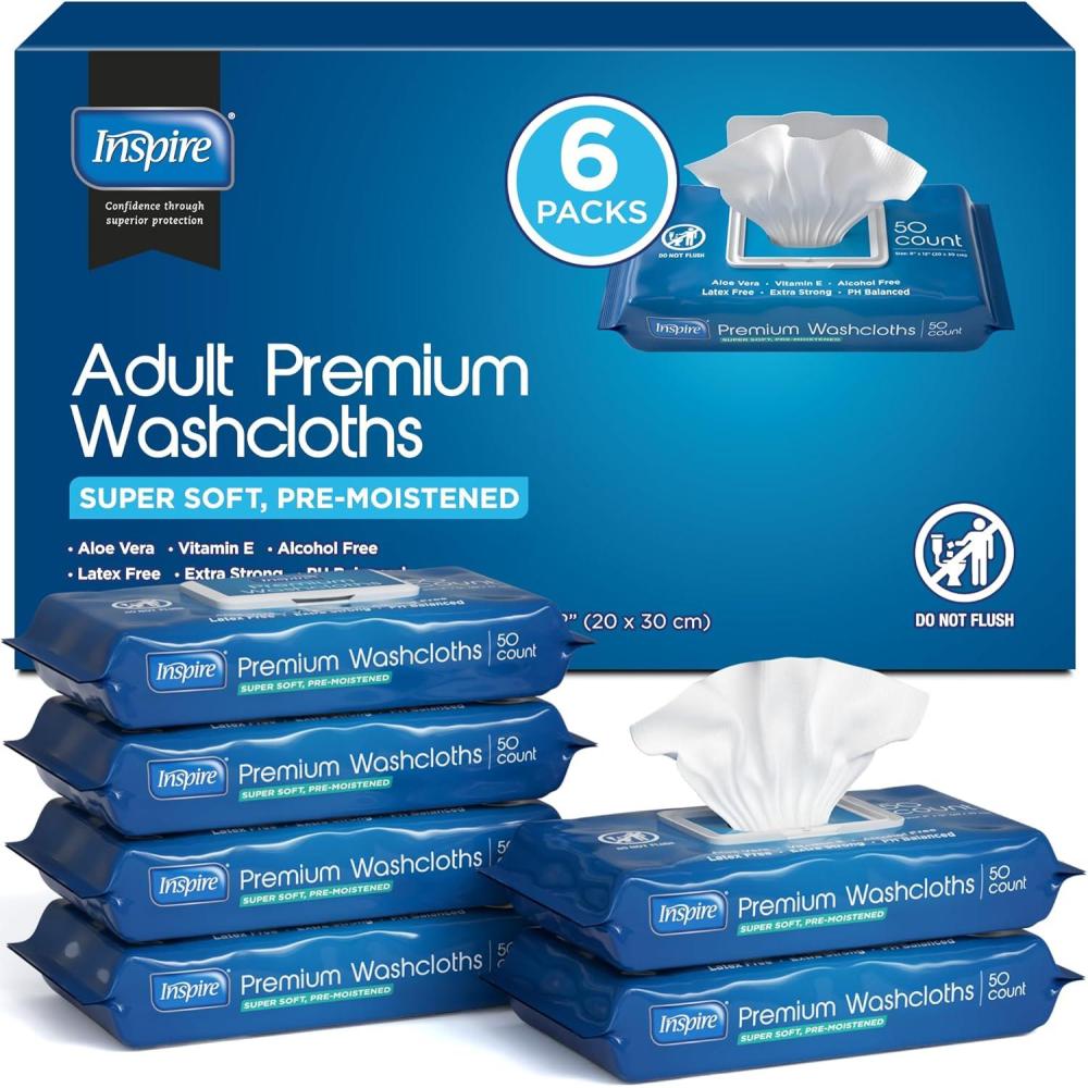 image:imageInspire Adult Wet Wipes Wash Cloths Adult Wipes for Incontinence amp Cleansing for Elderly 8x12 200 count50 Count Pack of 6