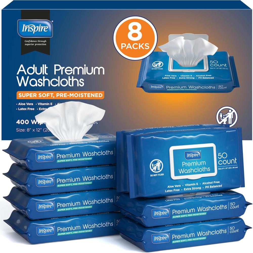 image:imageInspire Adult Wet Wipes Wash Cloths Incontinence amp Cleansing for Elderly Extra Large 8x12 Pack of 8