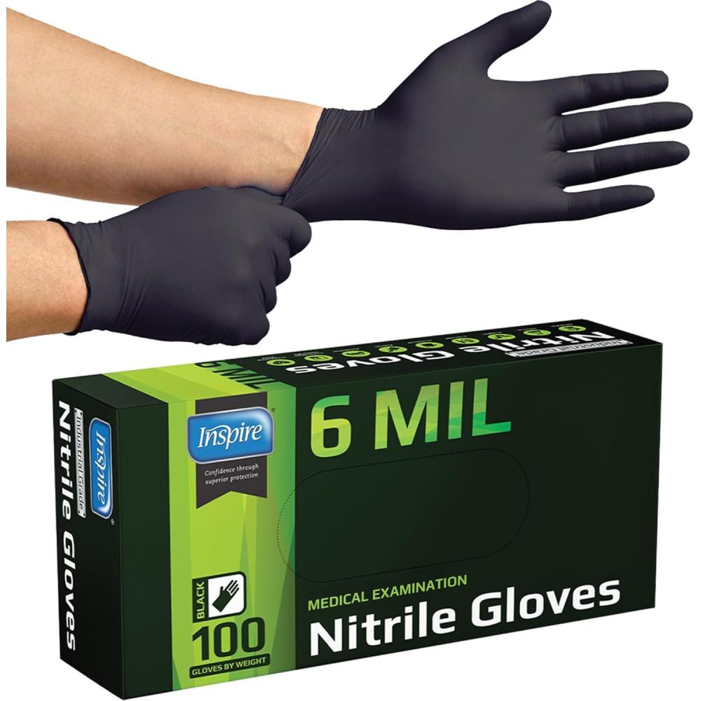 image:imageInspire Black Nitrile Gloves HEAVY DUTY 6 Mil Nitrile Chemical Resistant Medical Cooking Cleaning Disposable Black GlovesBlack 6mil Box of 100