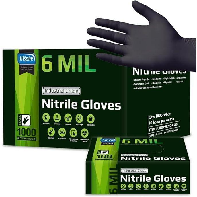 image:imageInspire Black Nitrile Gloves HEAVY DUTY 6 Mil Nitrile Chemical Resistant Medical Cooking Cleaning Disposable Black GlovesBlack 6mil Case of 1000
