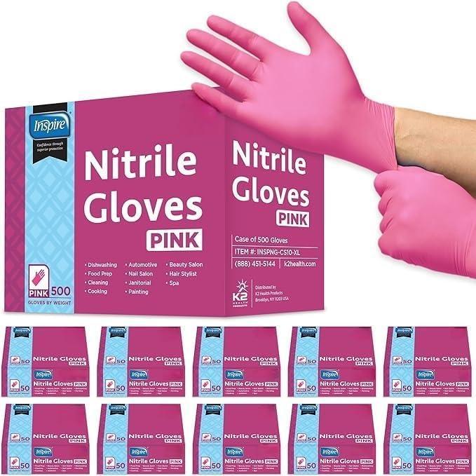image:imageInspire Pink Gloves Disposable Latex Free Nitrile Pink Glove Hair and Nail Salon Esthetician Nitrile Disposable Gloves10 Boxes of 100 Case of 1000