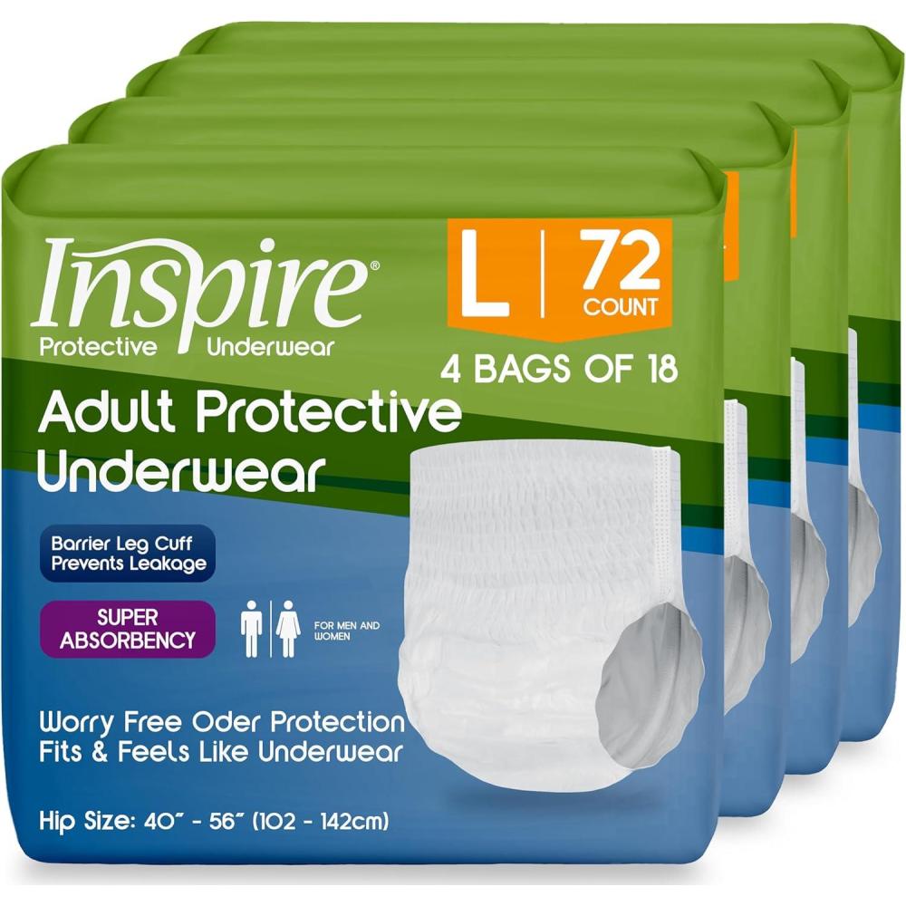 image:imageInspire Protective Underwear for Men and Women Adult Diapers for Bowel Incontinence Disposable Underwear for Women and Men 4 Bags of 18 72 Total LargeLarge