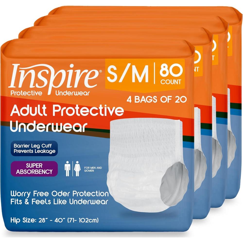 image:imageInspire Protective Underwear for Men and Women Adult Diapers for Bowel Incontinence Disposable Underwear for Women and Men 4 Bags of 18 72 Total LargeSmallMedium