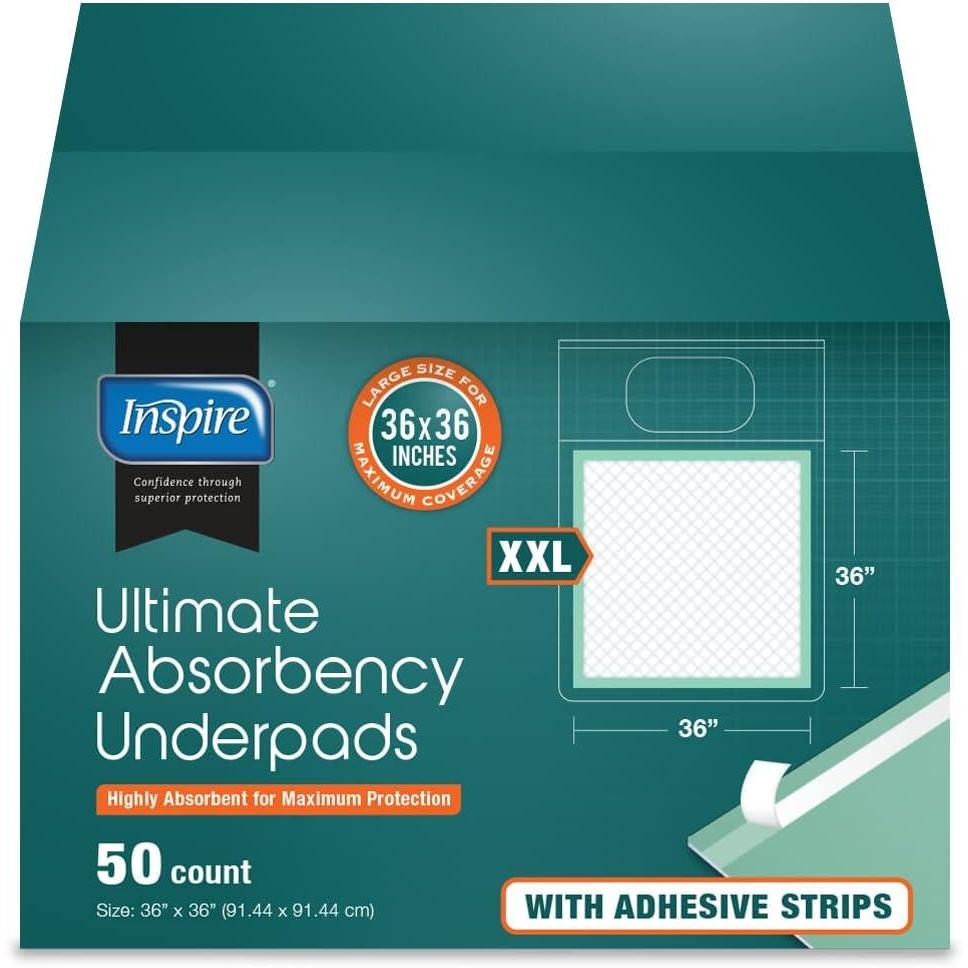 image:imageInspire Super and Ultra Absorbent Disposable Bed Pads 36 X 36 Pack of 50 with Adhesive XXL