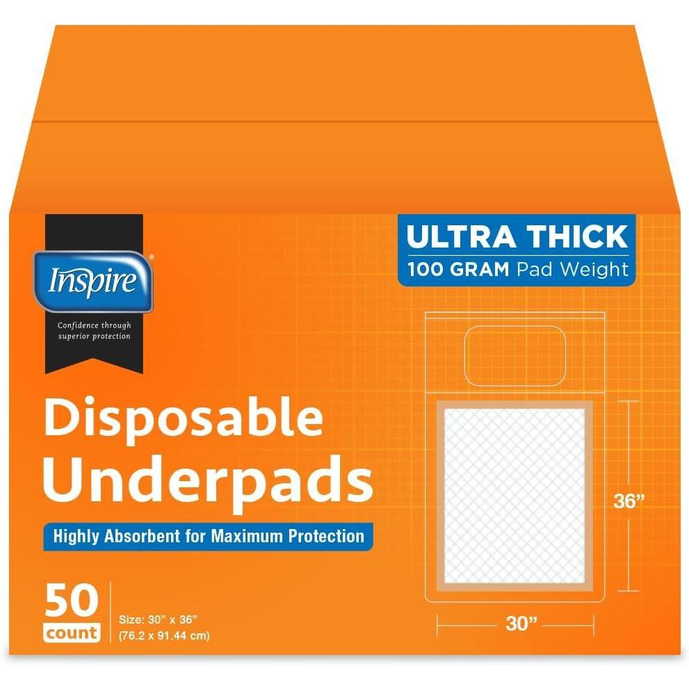 image:imageInspire XL Super Absorbent Bed Pads for Chronic Incontinence 30 x 36 Ultra Thick 100 Grams Bed Pads Disposable Adult Elderly Care Chucks Disposable Underpads for Incontinence 50 Count