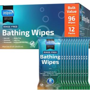 Body Wipes for adults bathing no rinse | Adult Wash Cloths Extra Large, Bathing Wipes for Incontinence, 8″x 8″ In (48 count) | By Inspire(Thick Value Pack – 12 Packs Of 8)