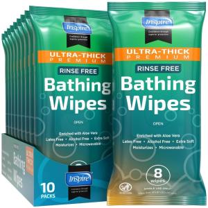 Body Wipes for adults bathing no rinse | Adult Wash Cloths Extra Large, Bathing Wipes for Incontinence, 8″x 8″ In (48 count) | By Inspire(Ultra Thick 10 Packs Of 8)