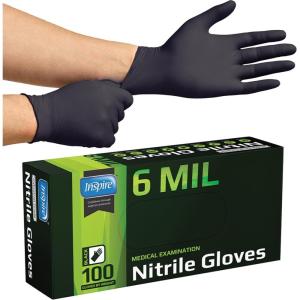 Inspire Black Nitrile Gloves HEAVY DUTY 6 Mil Nitrile Chemical Resistant Medical Cooking Cleaning Disposable Black Gloves(Black 6mil Box of 100)