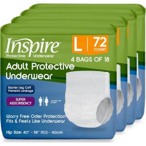 Inspire Protective Underwear for Men and Women | Adult Diapers for Bowel Incontinence | Disposable Underwear for Women and Men – 4 Bags of 18 | 72 Total (Large)(Large)