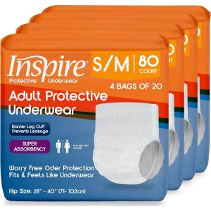 Inspire Protective Underwear for Men and Women | Adult Diapers for Bowel Incontinence | Disposable Underwear for Women and Men – 4 Bags of 18 | 72 Total (Large)(Small/Medium)