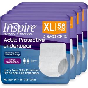 Inspire Protective Underwear for Men and Women | Adult Diapers for Bowel Incontinence | Disposable Underwear for Women and Men – 4 Bags of 18 | 72 Total (Large)(Extra Large)