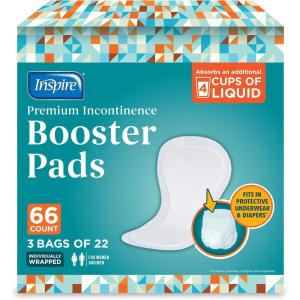 Inspire Ultra Absorbency Incontinence Booster Pads | Absorbs Over 4 Cups! | for Women or Men, Adhesive Strip Use in Incontinence Underwear and Diapers Leak-Free (66 Count)(66 Count)