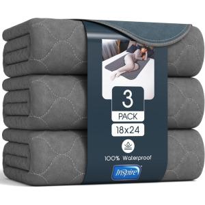Inspire Underpads | Stain Hiding Gray Reusable Incontinence Bed Pads | Waterproof Mattress Pad | for Adults Babies and Dogs (18 X 24 – 3 Pack)(18 X 24 – 3 Pack)