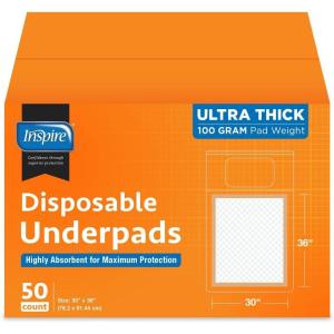 Inspire XL Super Absorbent Bed Pads for Chronic Incontinence 30 x 36 Ultra Thick 100 Grams | Bed Pads Disposable Adult Elderly Care | Chucks Disposable Underpads for Incontinence (50 Count)