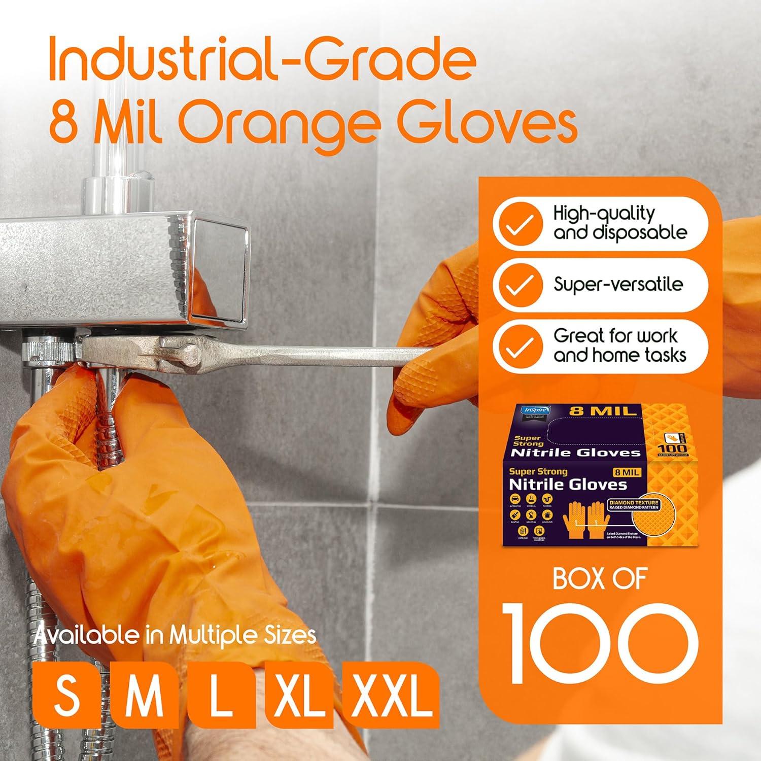 image:imageInspire Heavy Duty Orange Nitrile Gloves ULTRA 8 Mil Diamond Textured Grip Industrial Mechanic Disposable Cleaning Gloves100