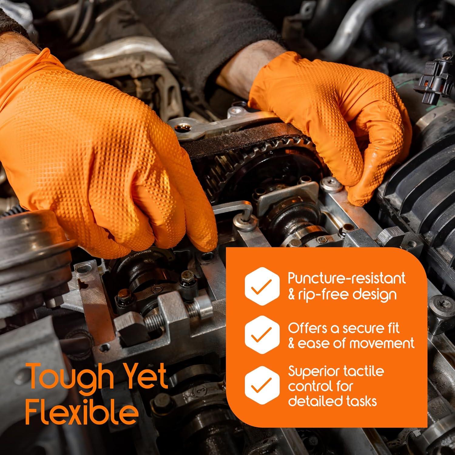 image:imageInspire Heavy Duty Orange Nitrile Gloves ULTRA 8 Mil Diamond Textured Grip Industrial Mechanic Disposable Cleaning Gloves100