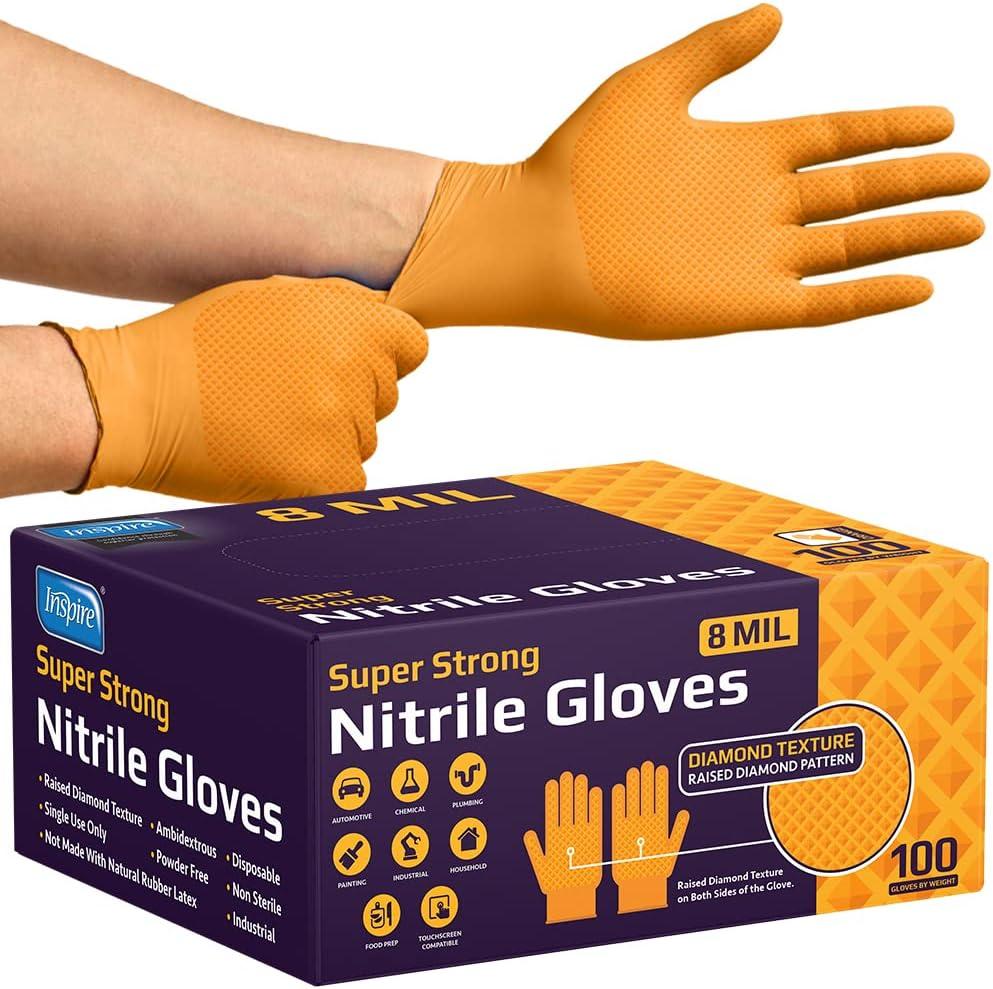 image:imageInspire Heavy Duty Orange Nitrile Gloves ULTRA 8 Mil Diamond Textured Grip Industrial Mechanic Disposable Cleaning Gloves100