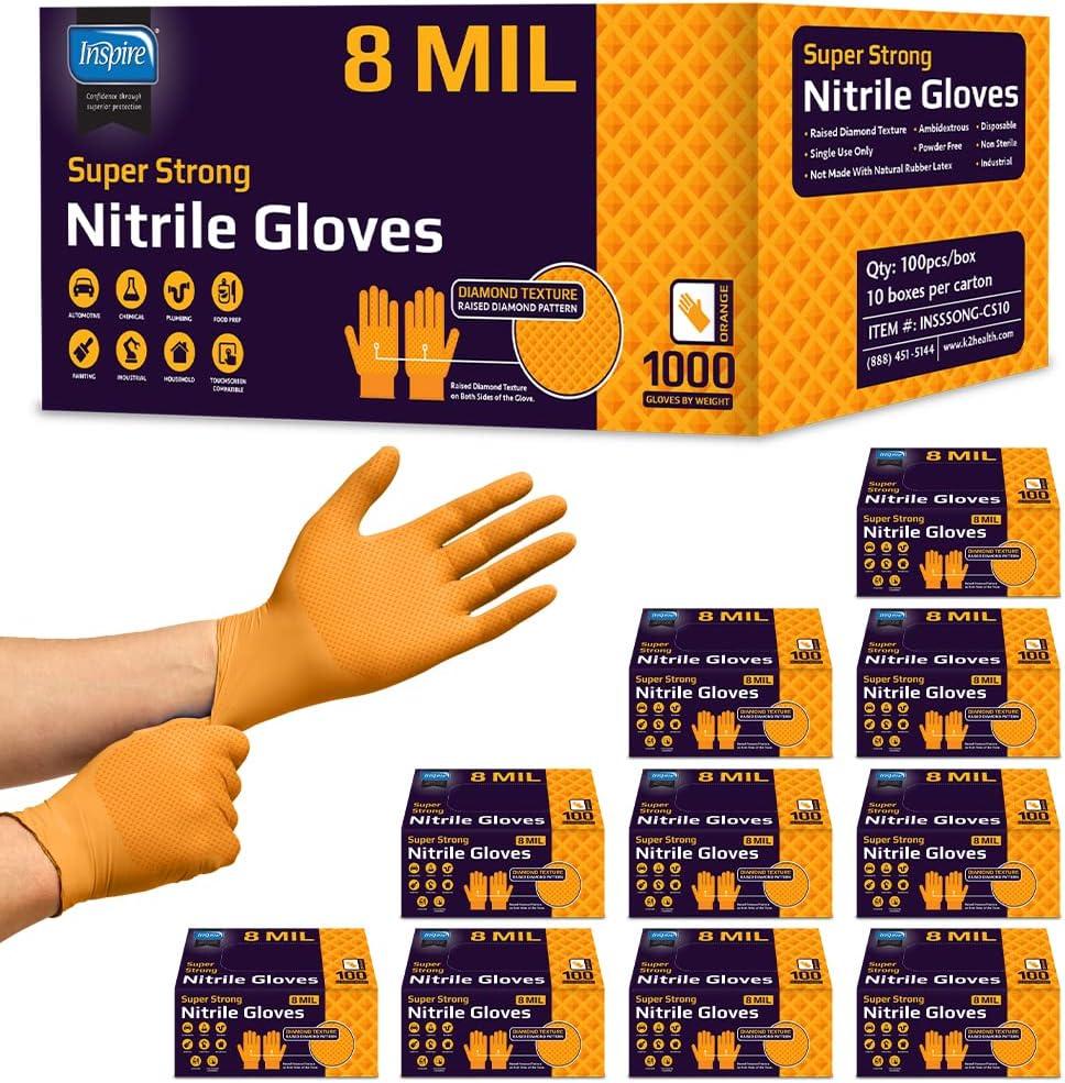 image:imageInspire Heavy Duty Orange Nitrile Gloves ULTRA 8 Mil Diamond Textured Grip Industrial Mechanic Disposable Cleaning Gloves1000