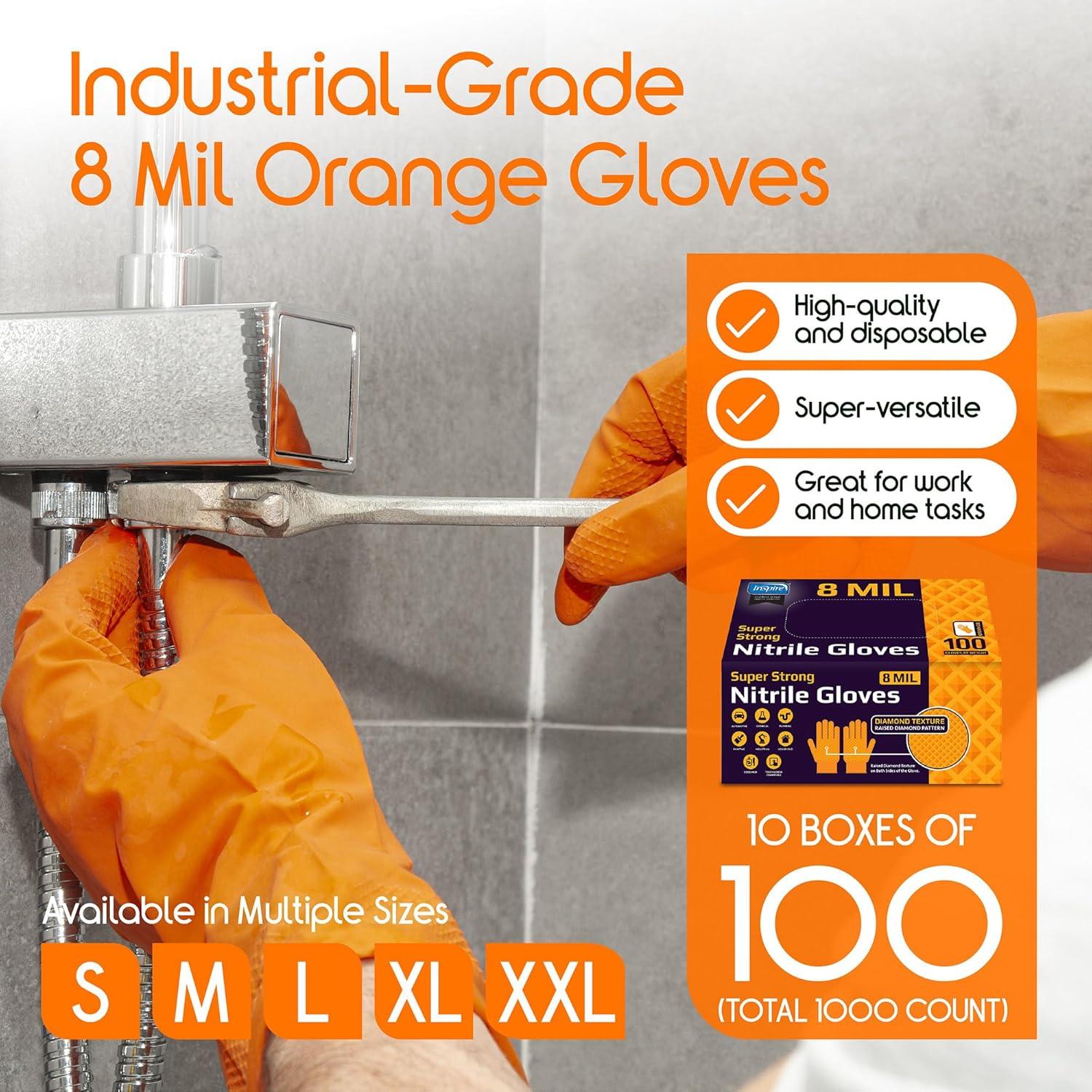 image:imageInspire Heavy Duty Orange Nitrile Gloves ULTRA 8 Mil Diamond Textured Grip Industrial Mechanic Disposable Cleaning Gloves1000