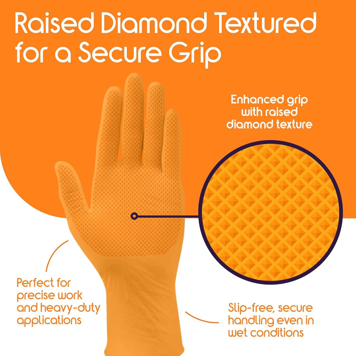 image:imageInspire Heavy Duty Orange Nitrile Gloves ULTRA 8 Mil Diamond Textured Grip Industrial Mechanic Disposable Cleaning Gloves200