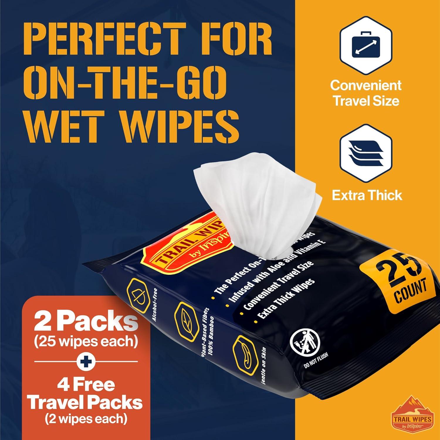 image:imageInspire Trail Wipes Camping Wipes Body Wipes Adults Biodegradable Wipes For Camping Travel Gym With Aloe And Vitamin E No Rinse Bathing Shower Wipes Women Or Men50 Count 2 Packs Of 25