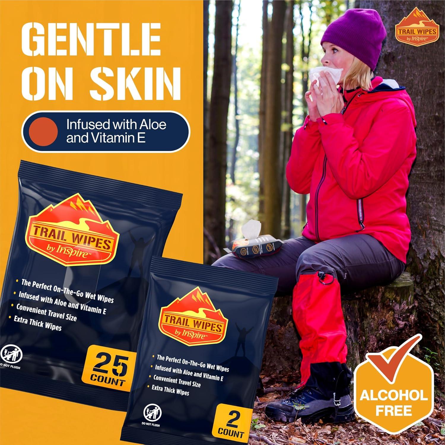 image:imageInspire Trail Wipes Camping Wipes Body Wipes Adults Biodegradable Wipes For Camping Travel Gym With Aloe And Vitamin E No Rinse Bathing Shower Wipes Women Or Men100 Count 4 Packs Of 25