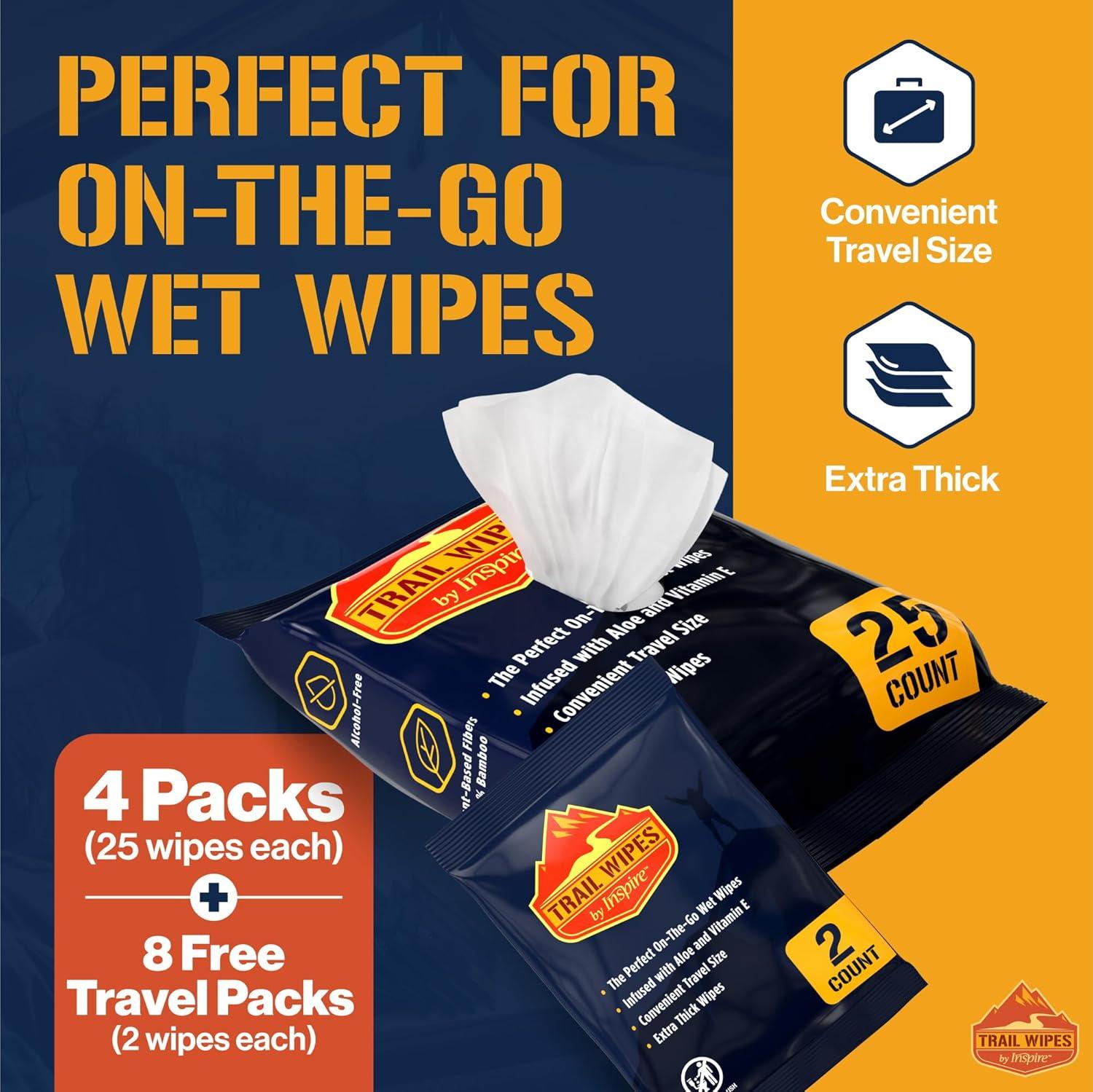 image:imageInspire Trail Wipes Camping Wipes Body Wipes Adults Biodegradable Wipes For Camping Travel Gym With Aloe And Vitamin E No Rinse Bathing Shower Wipes Women Or Men100 Count 4 Packs Of 25