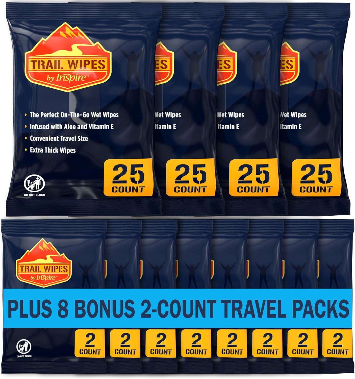 image:imageInspire Trail Wipes Camping Wipes Body Wipes Adults Biodegradable Wipes For Camping Travel Gym With Aloe And Vitamin E No Rinse Bathing Shower Wipes Women Or Men100 Count 4 Packs Of 25