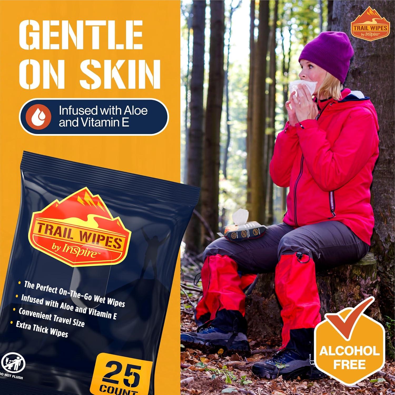 image:imageInspire Trail Wipes Camping Wipes Body Wipes Adults Biodegradable Wipes For Camping Travel Gym With Aloe And Vitamin E No Rinse Bathing Shower Wipes Women Or Men50 Count 2 Packs Of 25