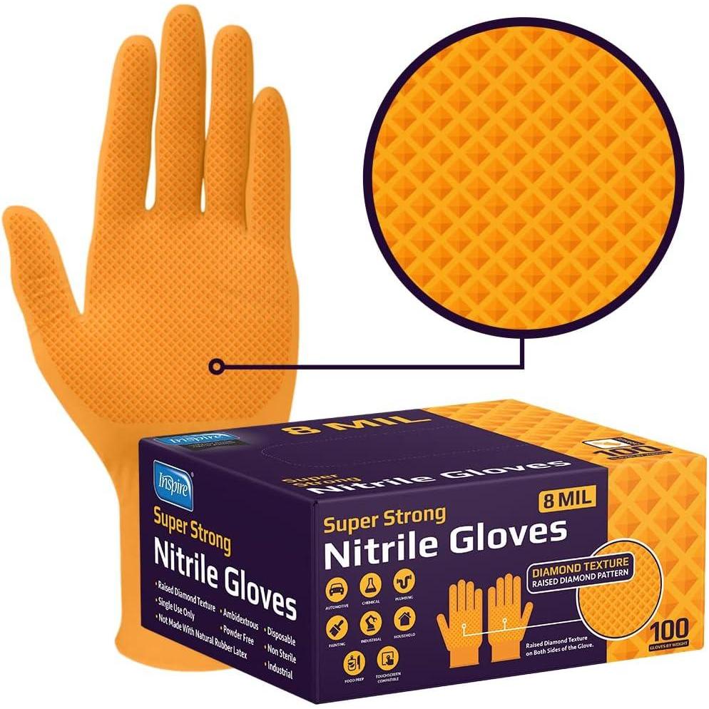 image:imageInspire Heavy Duty Orange Nitrile Gloves ULTRA 8 Mil Diamond Textured Grip Industrial Mechanic Disposable Cleaning Gloves100